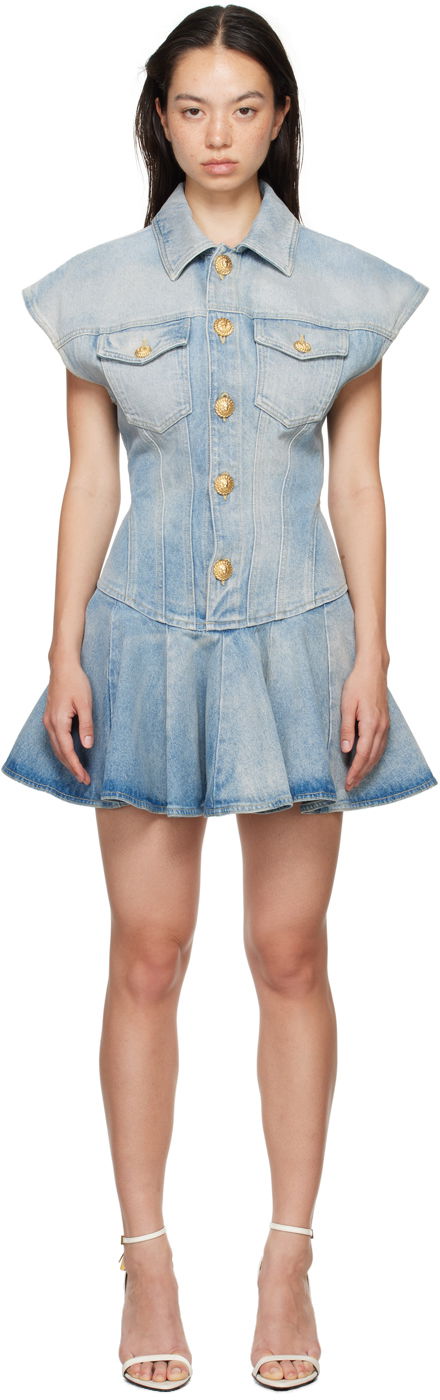 Kjole Balmain Flared Denim Minidress Blå | DF0R7365DF17, 0