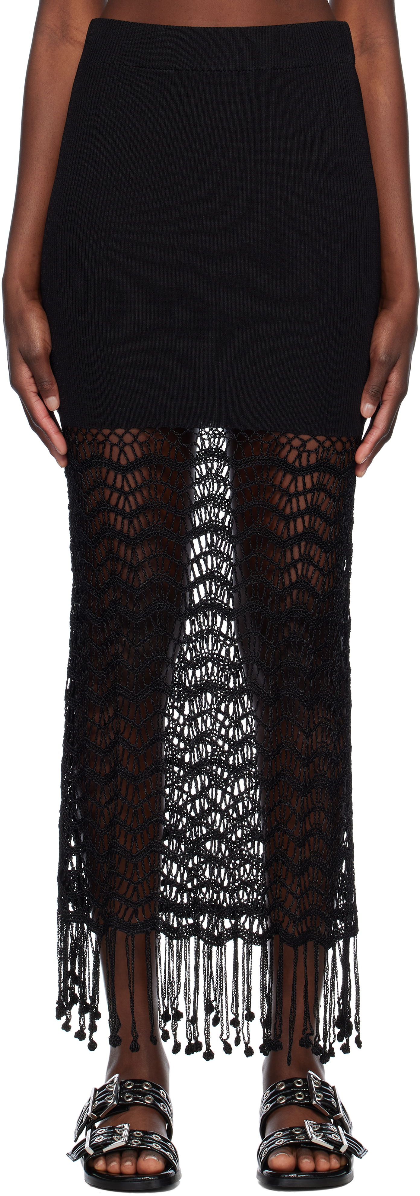 Nederdel GANNI GANNI Crochet Maxi Skirt with Fringe Sort | K2435, 0