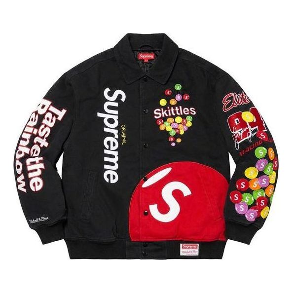 Bomberjakke Supreme Skittles x Mitchell & Ness Varsity Jacket Sort | SUP-FW21-328, 0
