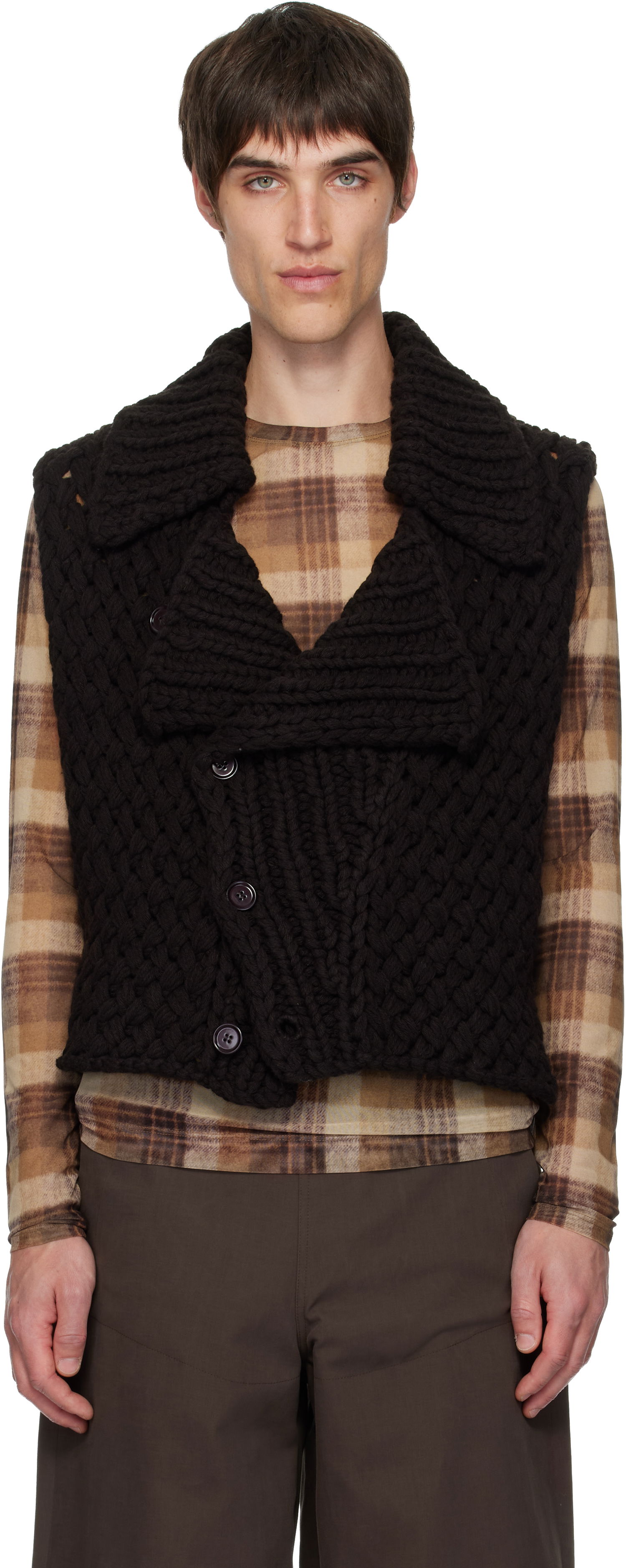 Vest Dries Van Noten Dries Van Noten Merino Wool Chunky Knit Shawl Collar Vest Sort | 252-021248-2710, 0