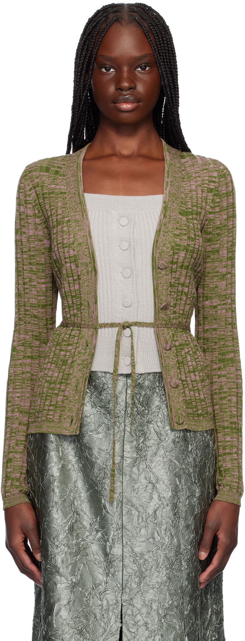 Sweater Dries Van Noten Dries Van Noten Rib-Knit Tie Cardigan Grøn | 251-011229-1716