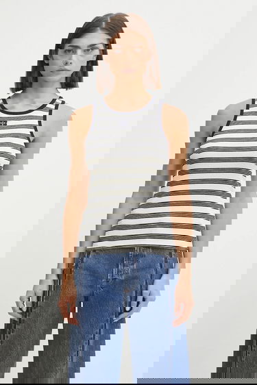Tanktop GANNI GANNI Women's Striped Soft Cotton Rib Tank Top Hvid | T4144, 0