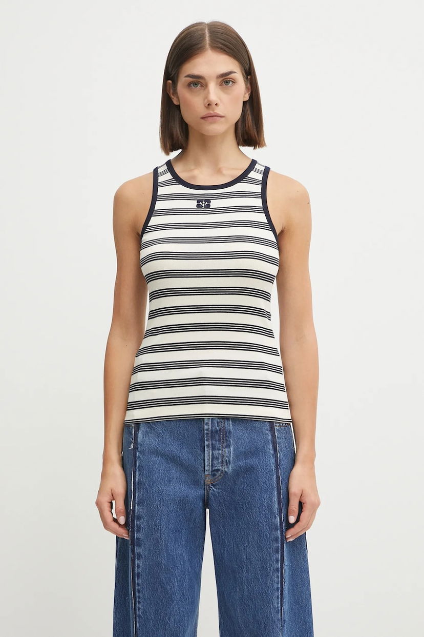 Tanktop GANNI GANNI Women's Striped Soft Cotton Rib Tank Top Hvid | T4144