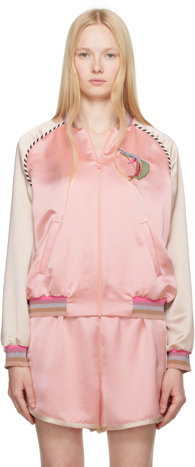 Bomberjakke Anna Sui Anna Sui Satin Embroidered Souvenir Bomber Jacket Lyserød | 325D31