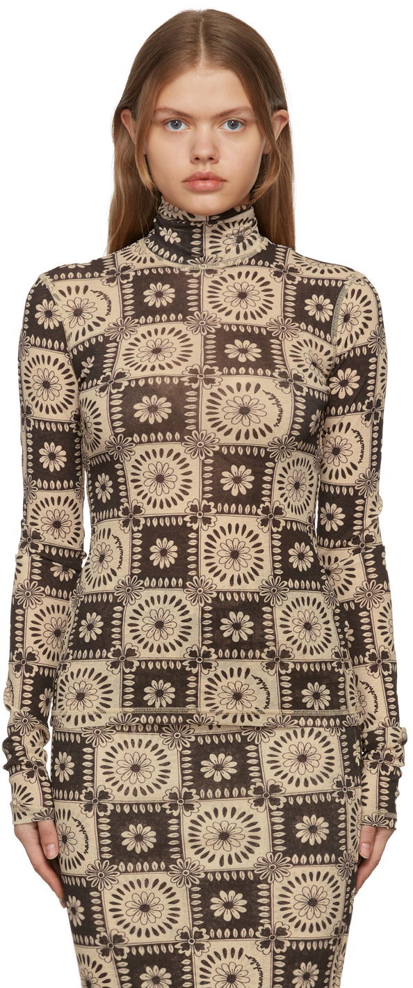 T-shirt Nanushka Harri Tile Print Turtleneck Top Beige | NW22RSTP00977