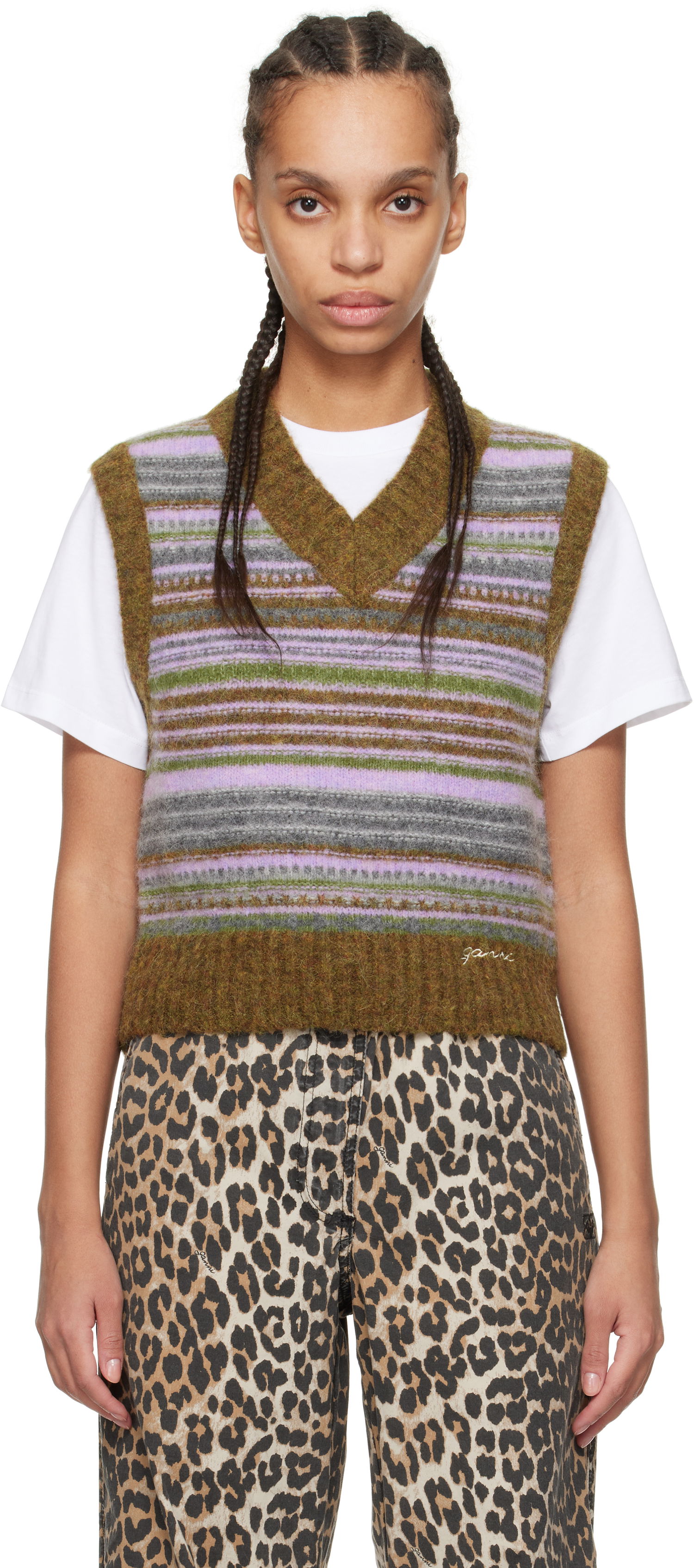 Sweater GANNI GANNI Soft Wool Striped Knit Vest Brun | K2356, 0