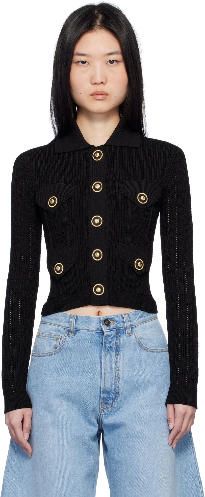 Sweater Balmain Cropped Ribbed Cardigan Sort | EF1KL150KI10