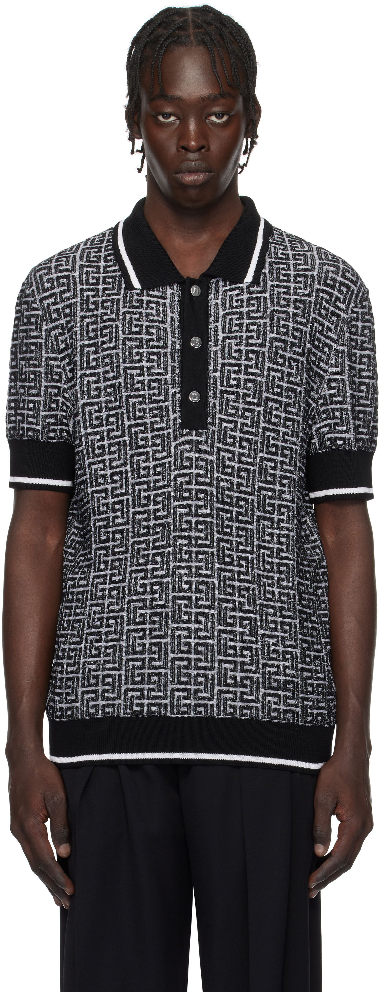 Polo skjorte Balmain Black & White Labyrinth Knit Polo Shirt Sort | EH1GB020KI03, 0