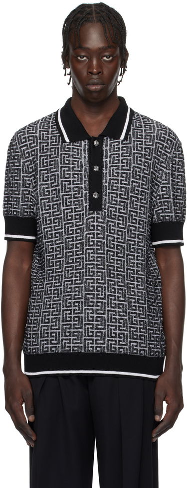 Polo skjorte Balmain Black & White Labyrinth Knit Polo Shirt Sort | EH1GB020KI03, 0