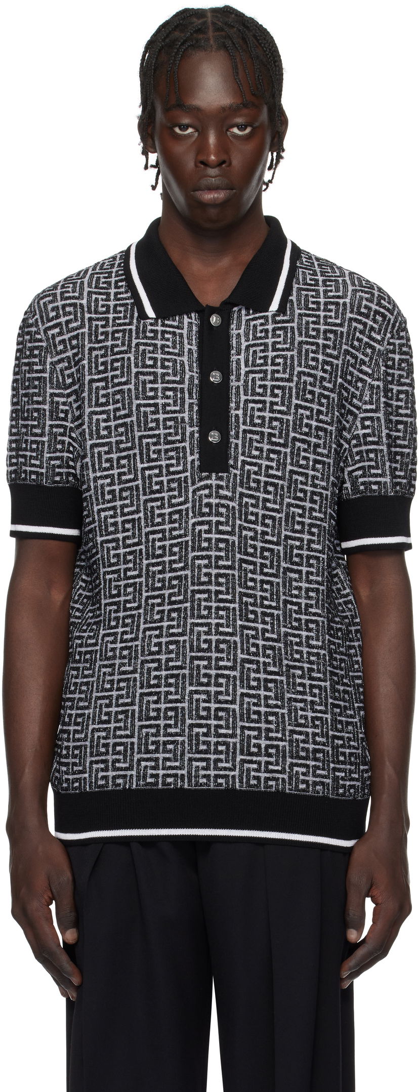 Polo skjorte Balmain Black & White Labyrinth Knit Polo Shirt Sort | EH1GB020KI03
