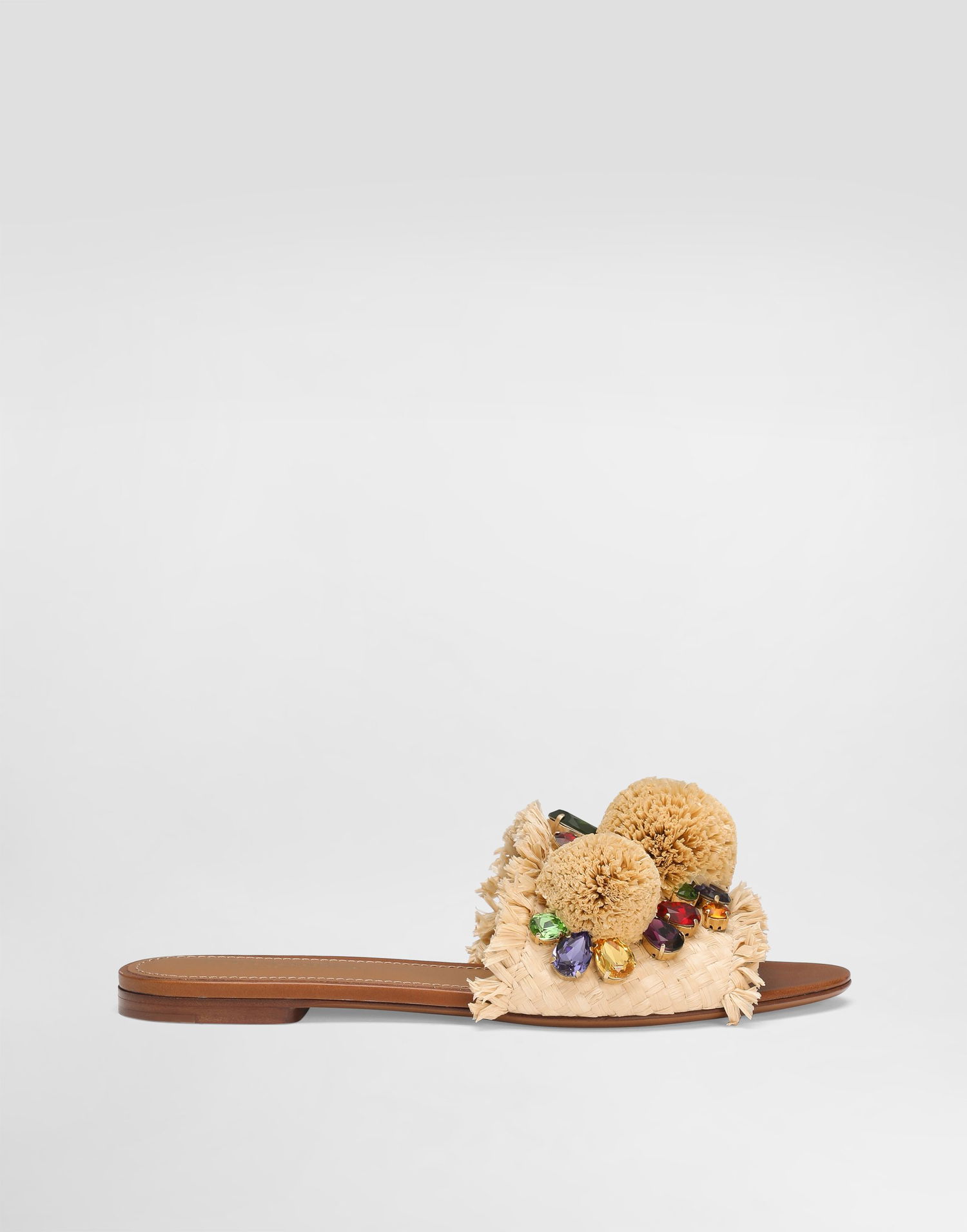 Tilbehør Dolce & Gabbana Dolce & Gabbana Braided Fringed Raffia Slide Sandals with Pompoms and Jewels Beige | CQ0648AM4478B139, 0