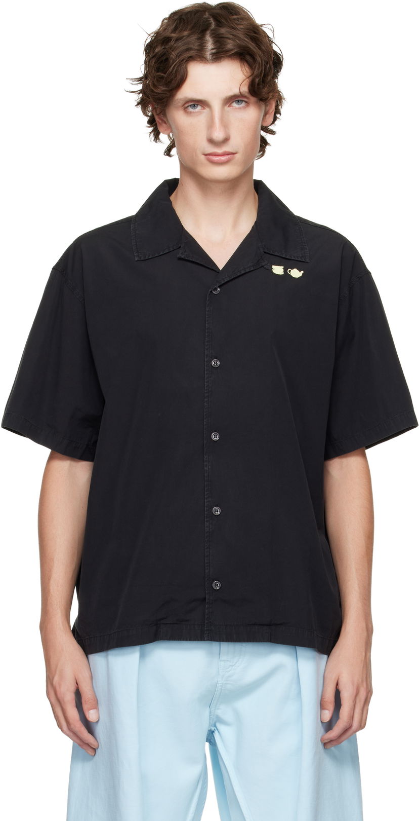 Skjorte JW Anderson Teapot and Teacup Embroidery Spread Collar Short Sleeve Shirt Sort | SH0371-PG1823