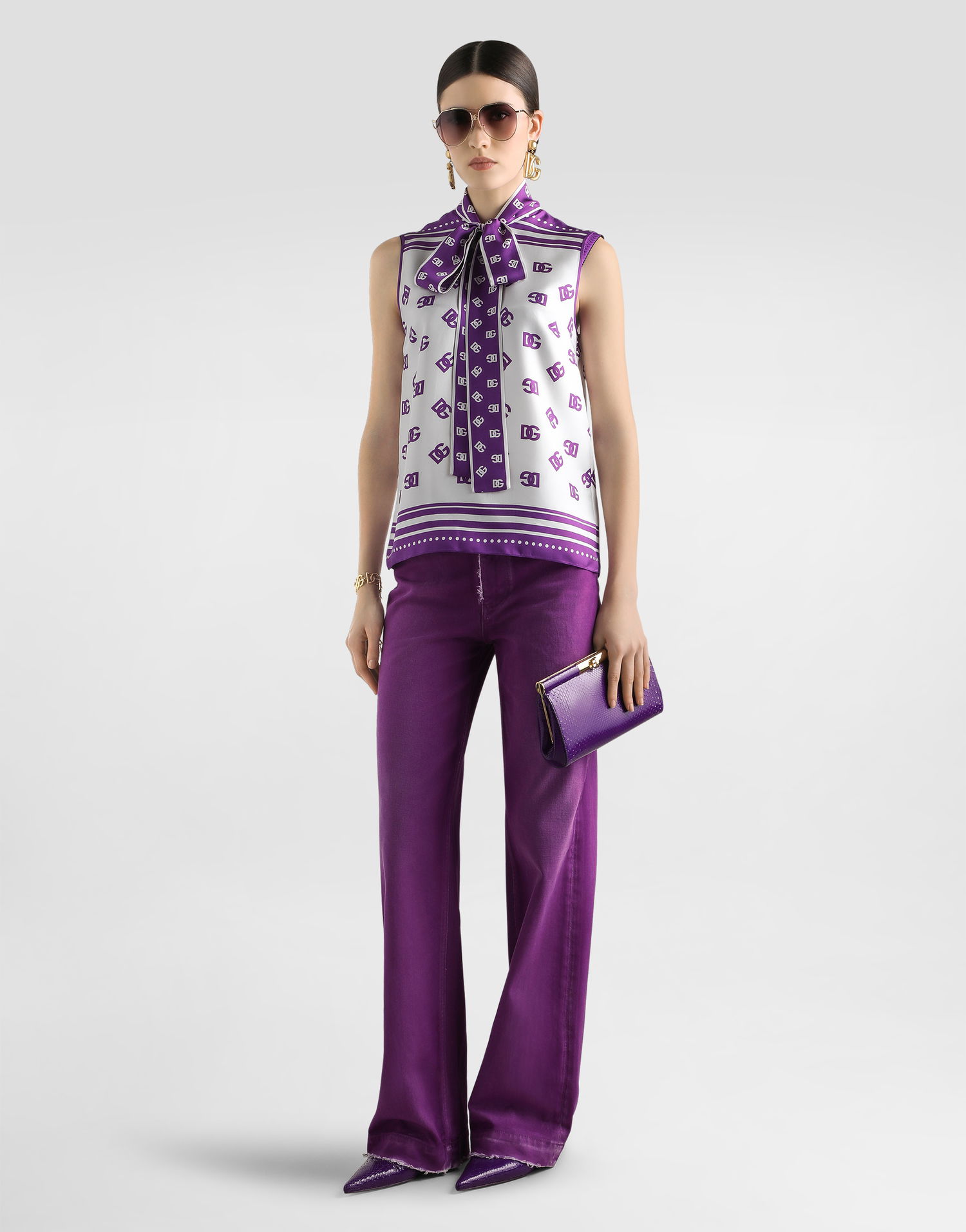 Skjorte Dolce & Gabbana Dolce & Gabbana DG Logo Silk Twill Sleeveless Top Lilla | F7AN7THI1Z5HA9AP, 1