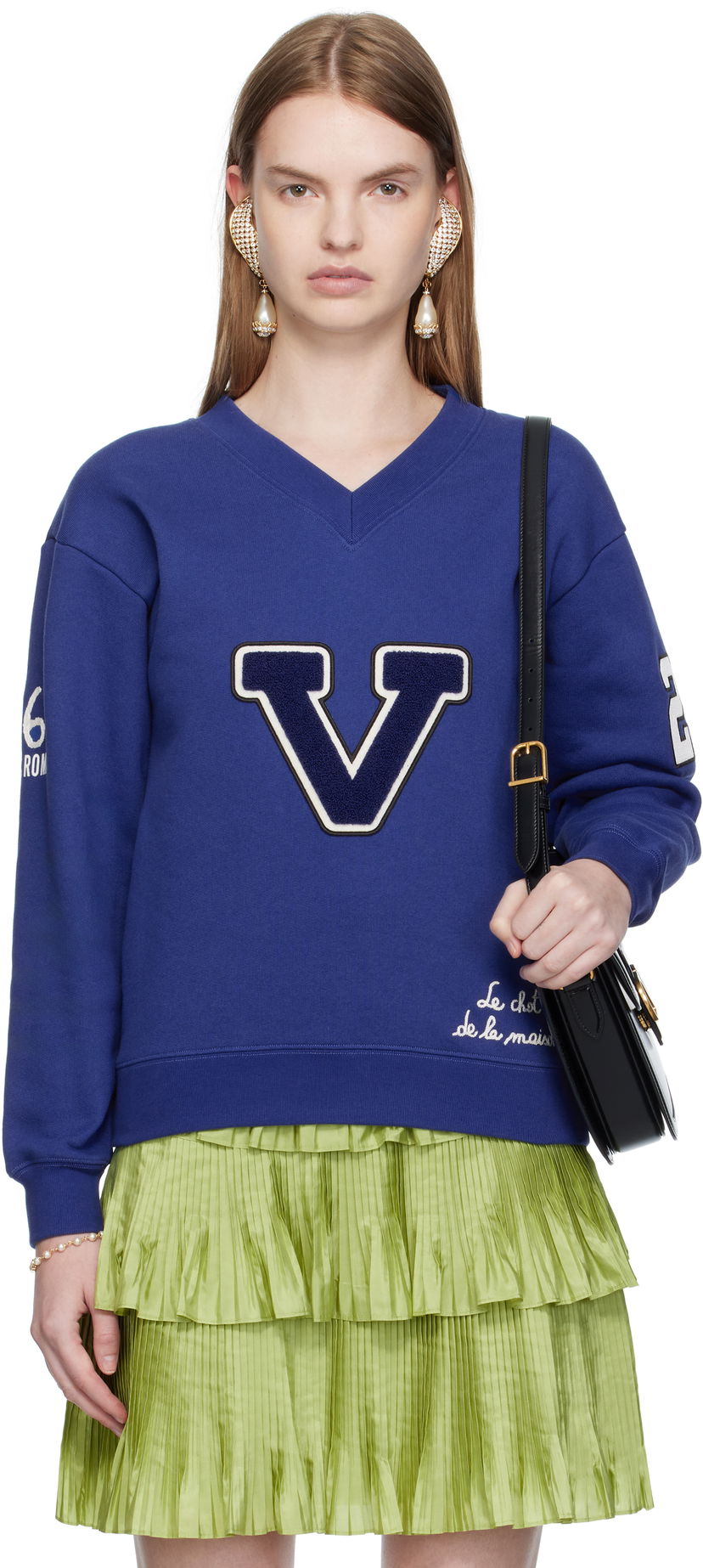 Sweatshirt Valentino Valentino Embroidered Cotton V-Neck Sweatshirt Blå | 7B3MF24V9KY