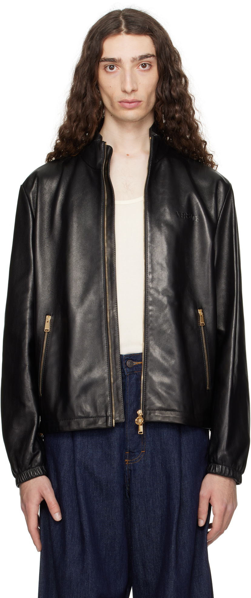 Jakke Versace Versace Plongé Leather Jacket Sort | 1019606_1A14141