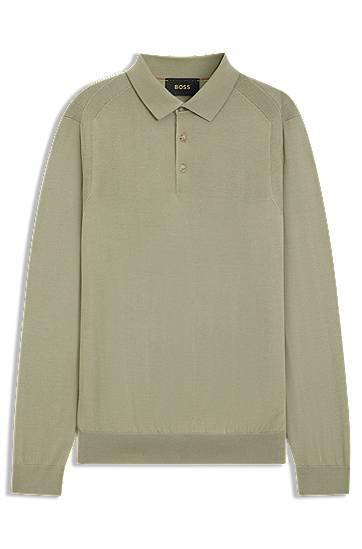 Polo skjorte BOSS Knit Long-Sleeve Polo in Wool, Silk and Cashmere Grøn | 50544809