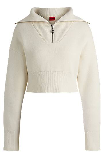 Sweater BOSS Cropped Sweater with Logo Zip Puller Hvid | 50522545