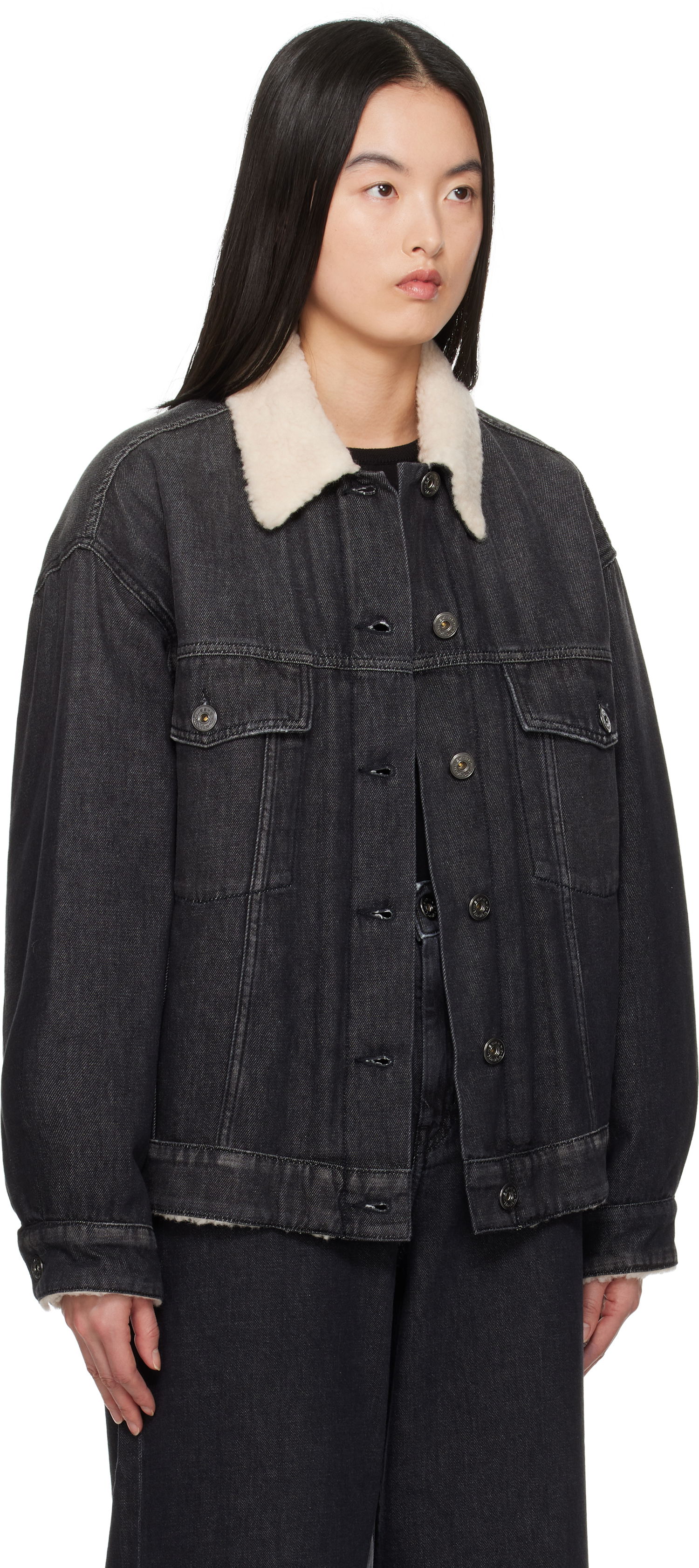 Jakke Max Mara Weekend Max Mara Libano Denim Jacket with Shearling Collar Sort | 2515081051600, 1