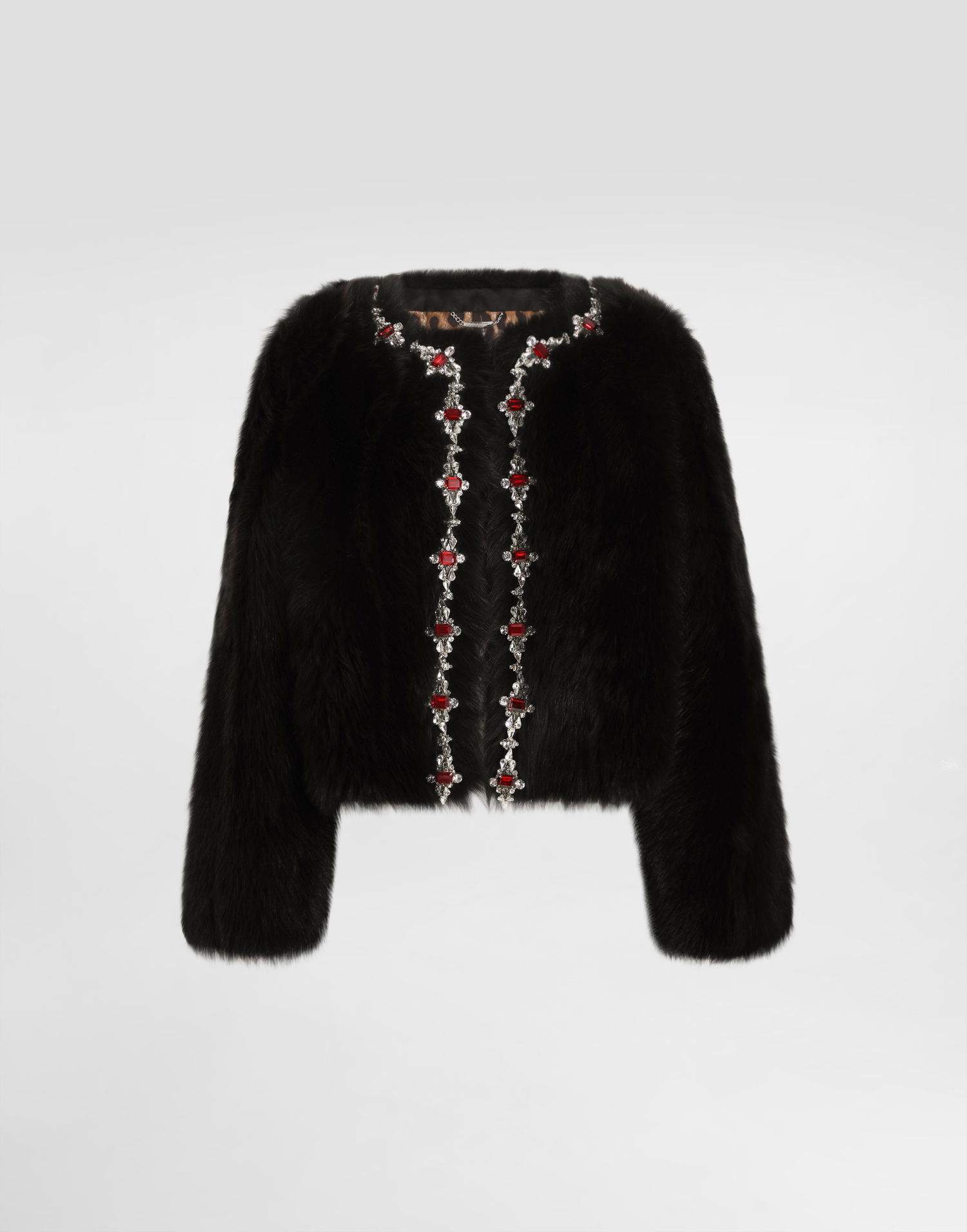Jakke Dolce & Gabbana Dolce & Gabbana Fluffy Sheepskin Jacket with Crystal Inlay Sort | F27GEZFUPFQM1512, 0