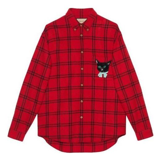Skjorte Gucci Wool Shirt with Cat Patch Rød | 663380-ZAHB1-6153
