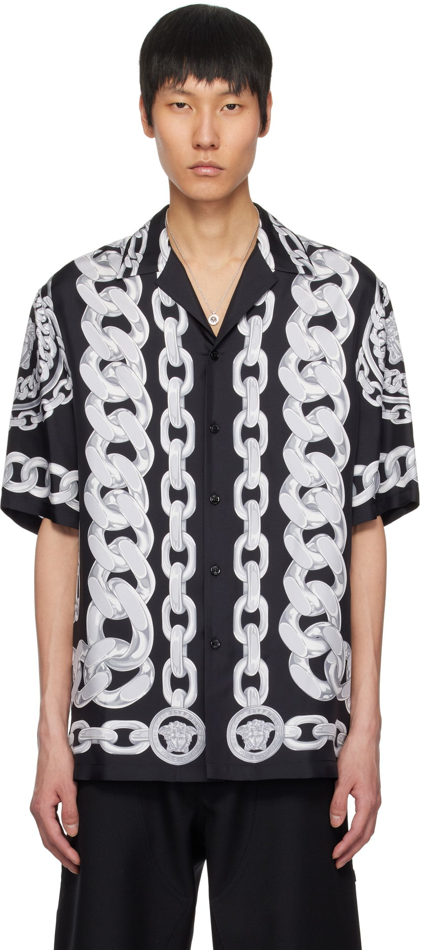 Skjorte Versace Versace Medusa Chains Silk Shirt Sort | 1003926_1A13397