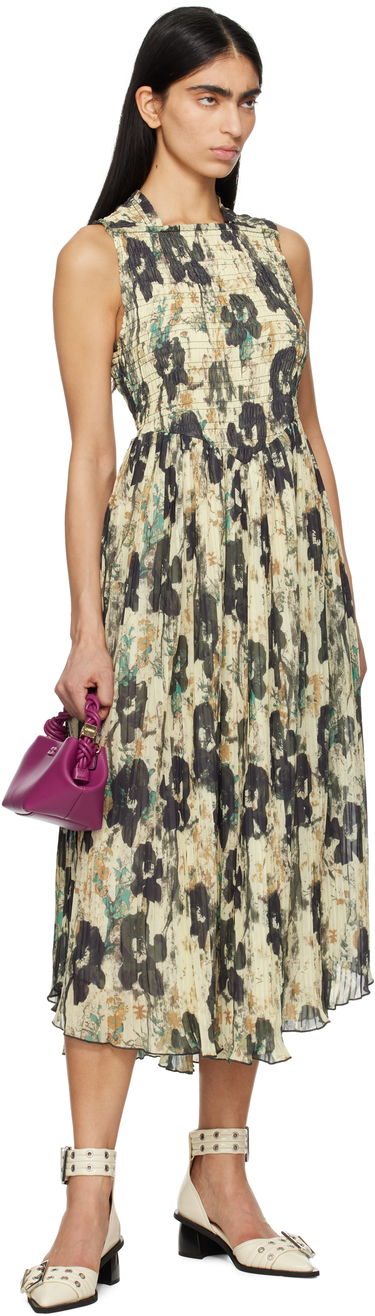 Kjole GANNI GANNI Printed Smocked Pleated Midi Dress Beige | W0209, 3