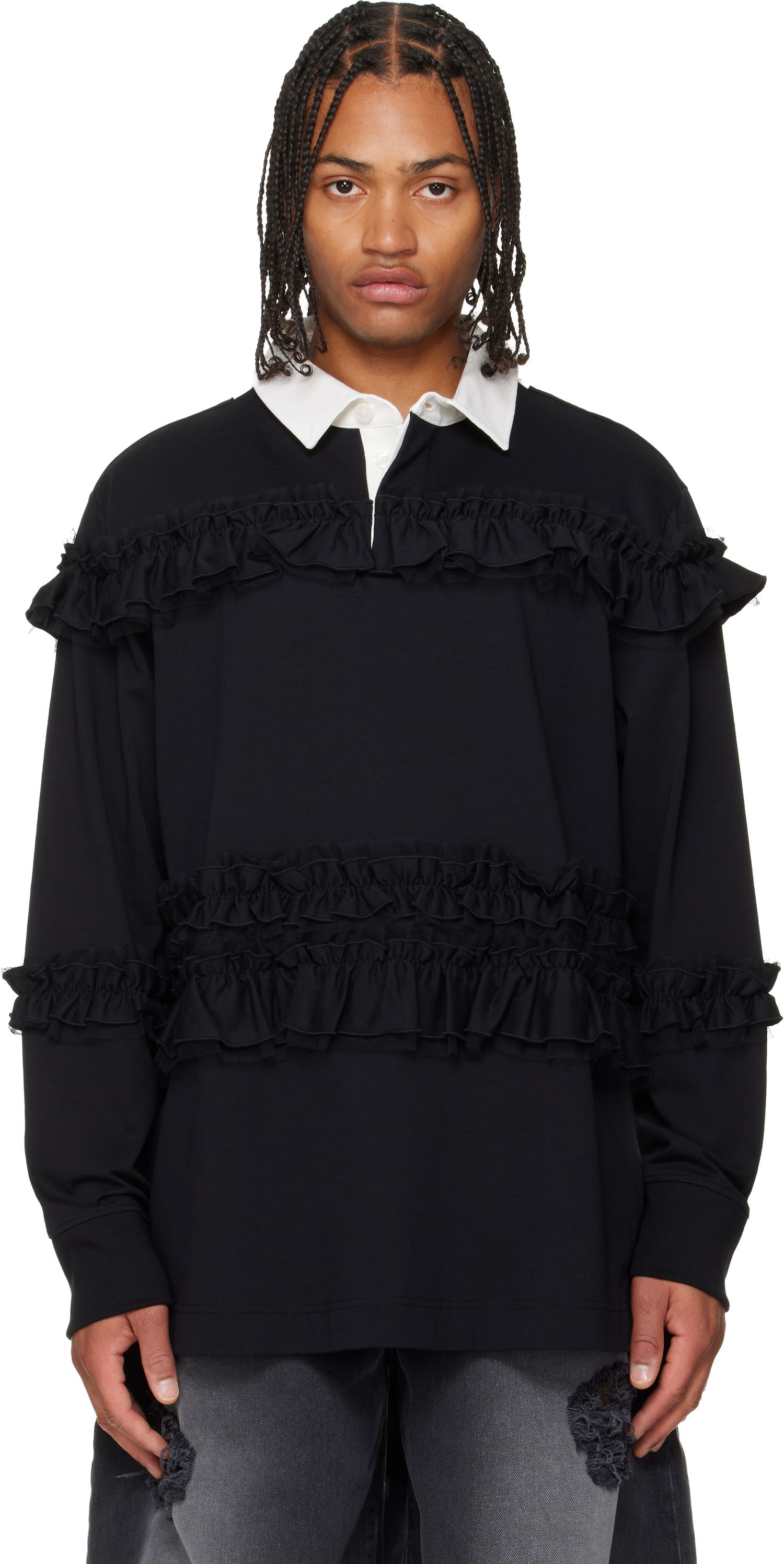 Polo skjorte Simone Rocha Simone Rocha Ruffle Rugby Polo Sort | 5360 1282, 0