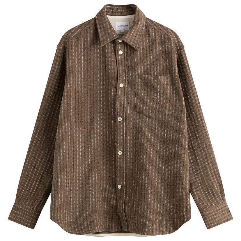 Skjorte NORSE PROJECTS Oversized Wool Stripe Shirt, Size Large Brun | N40-0847-9024
