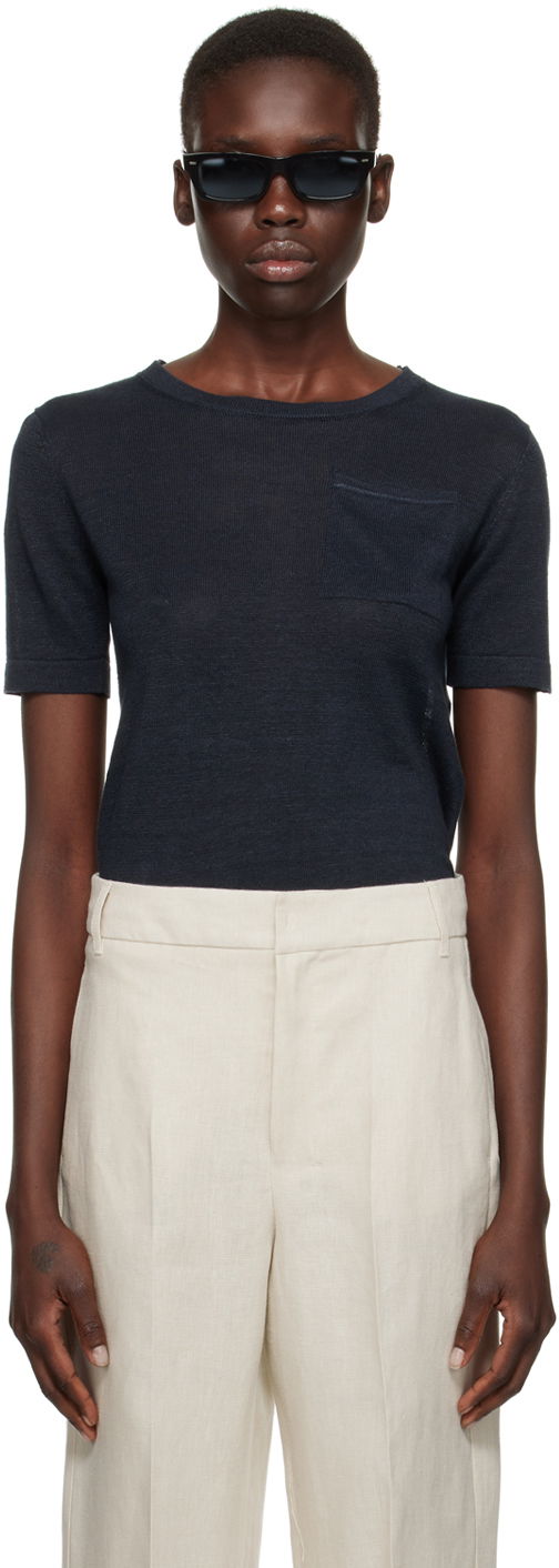 T-shirt Max Mara Pocket Linen T-Shirt Mørkeblå | 2419361013600