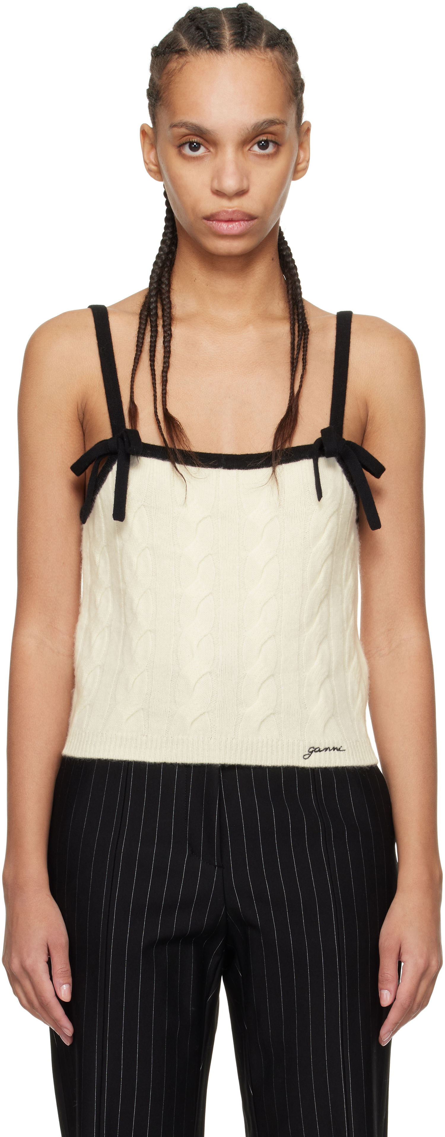 Tanktop GANNI Off-White & Black Cashmere Mix Strap Tank Top Beige | K2416, 0
