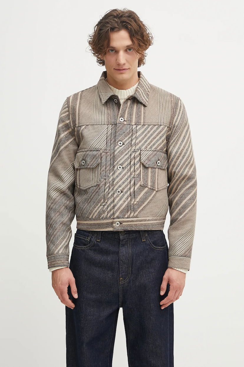 Jakke KENZO Kenzo Diagonal Stripe Slim Pleated Trucker Jacket Beige | FF65VE3029IO