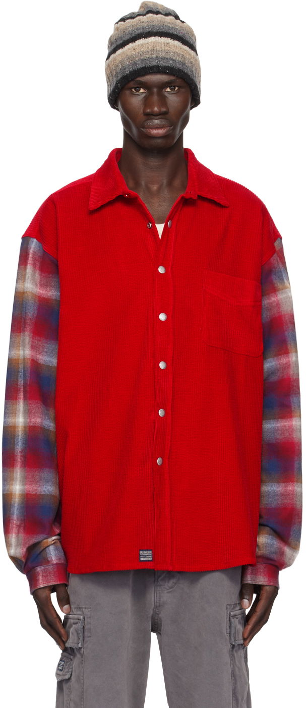 Skjorte ERL Corduroy Overshirt with Plaid Sleeves Rød | ERL09B005