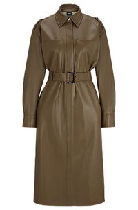 Perforated Faux Leather Belted Shirt Dress
