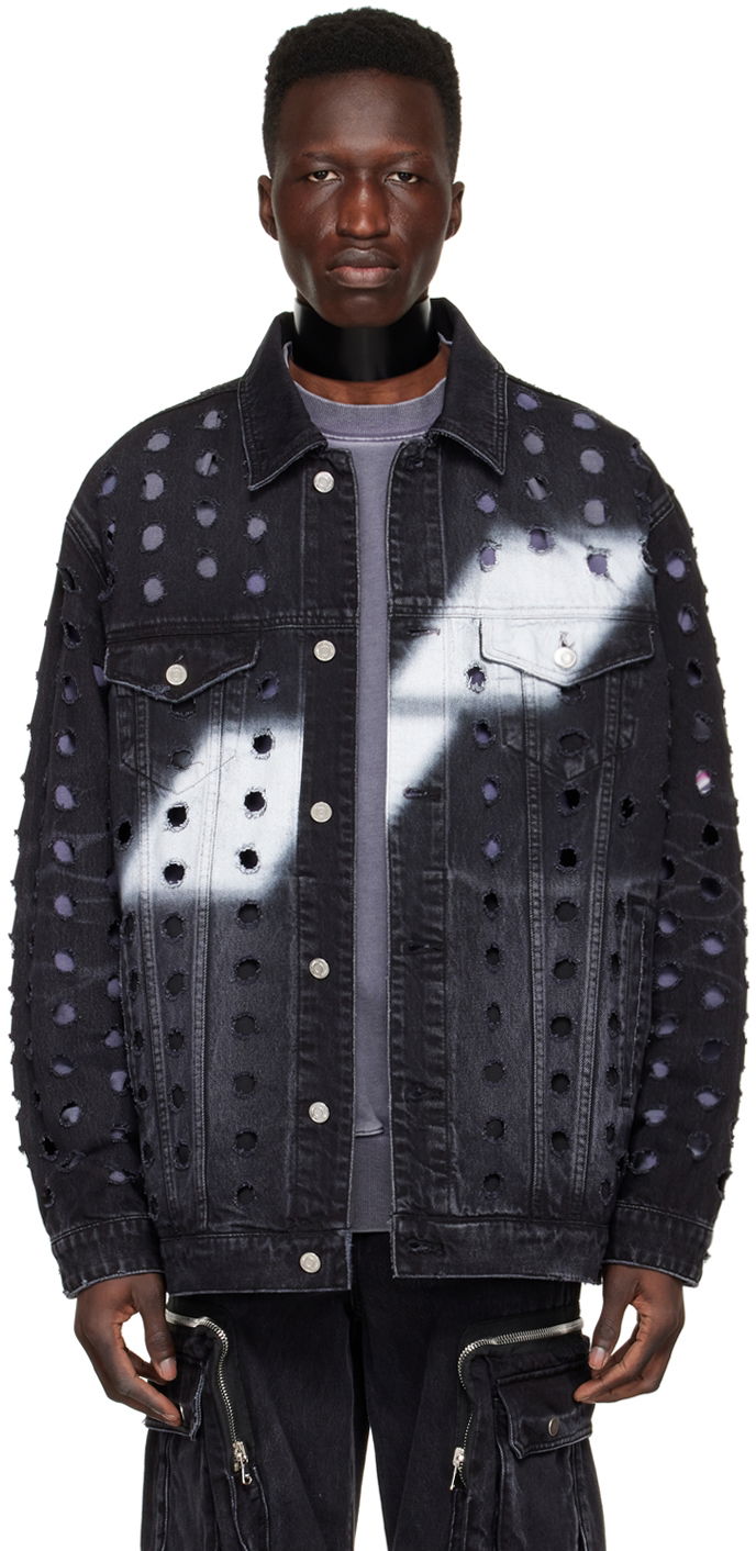 Jakke We11done We11done Distressed Logo Denim Jacket Sort | WD-DJ1-22-355-U-WB