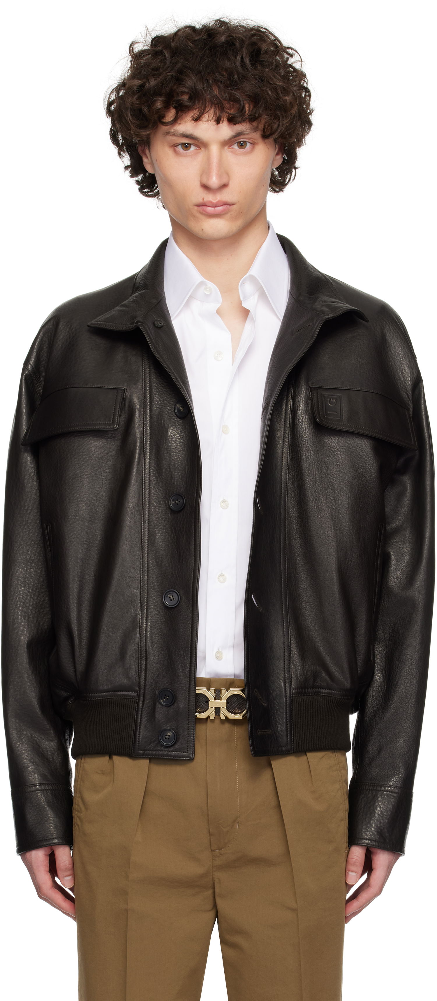 Jakke FERRAGAMO Ferragamo Grainy Leather Jacket Sort | 783255, 0