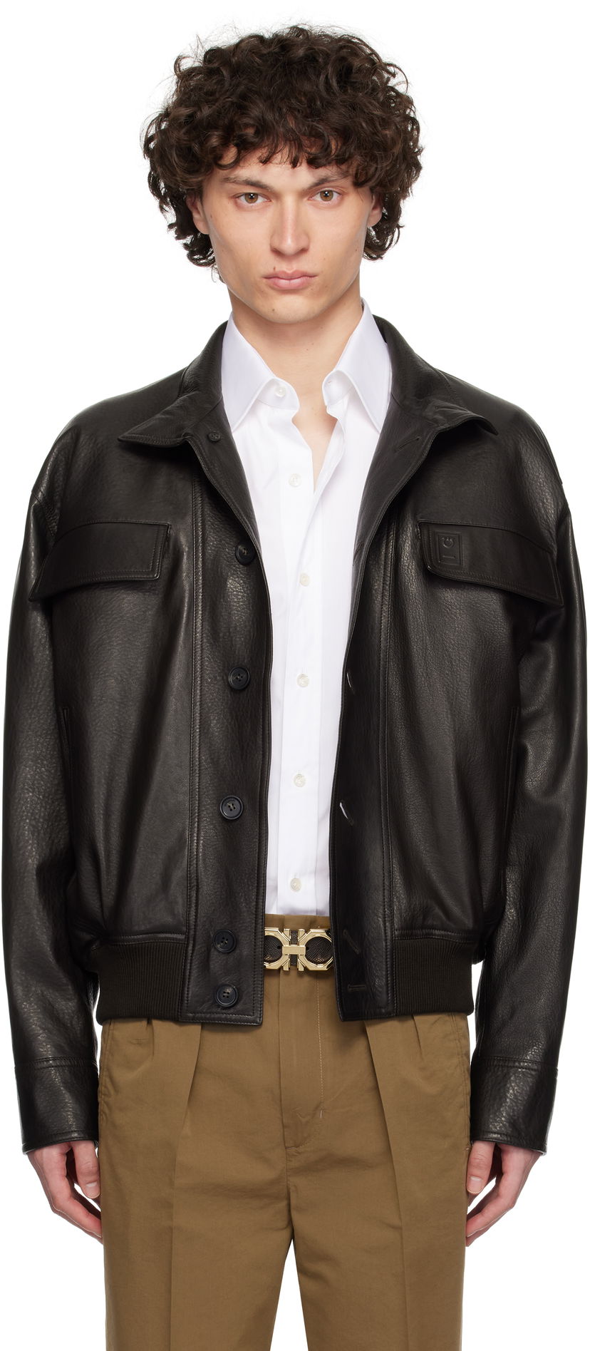 Jakke FERRAGAMO Ferragamo Grainy Leather Jacket Sort | 783255
