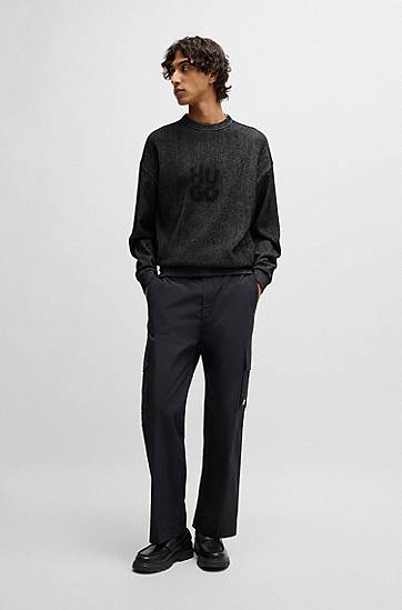 Sweater BOSS Ribbed Cotton-Blend Sweatshirt with Logo Print Sort | 50531028, 1