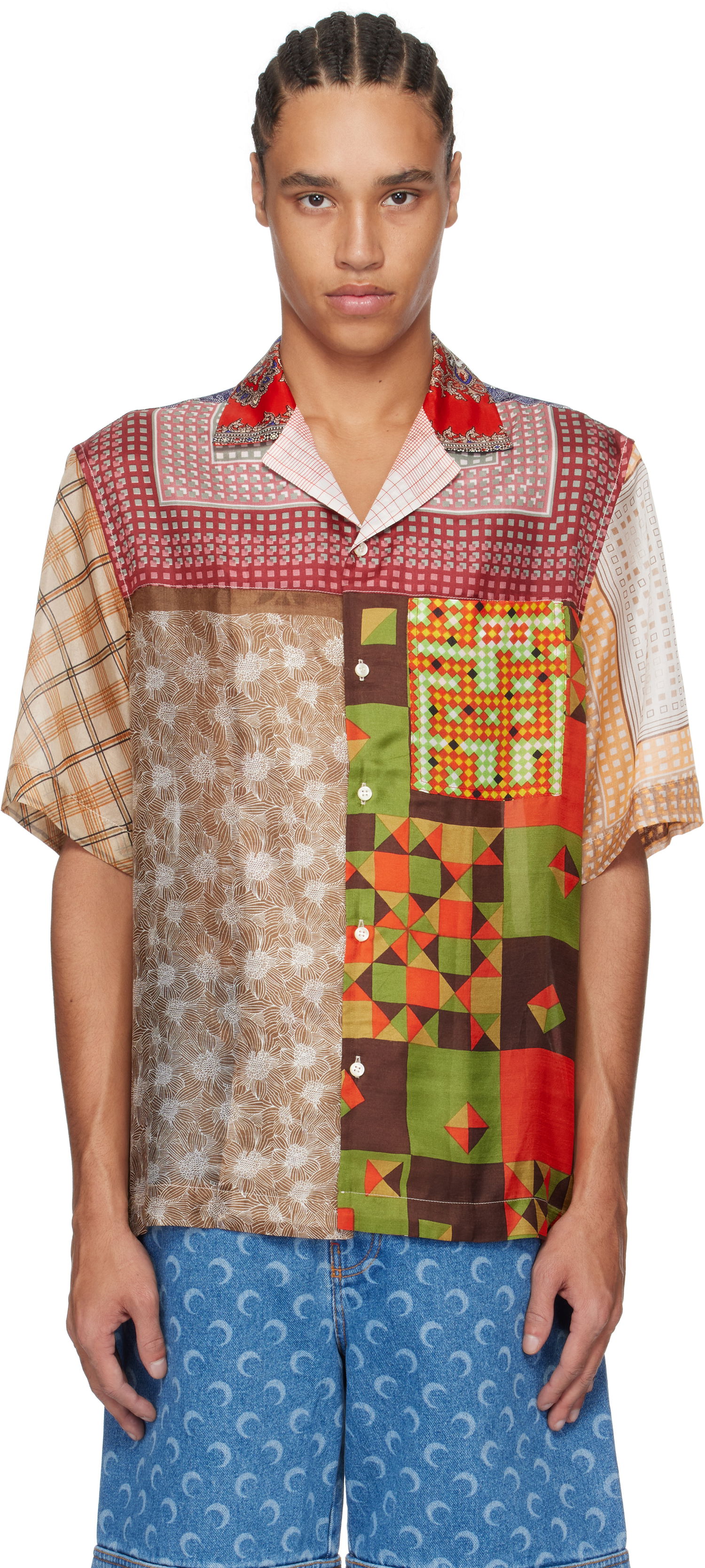Skjorte Marine Serre Marine Serre Regenerated Silk Patchwork Bowling Shirt Flerfarvet | USI025A UWOV0028, 0