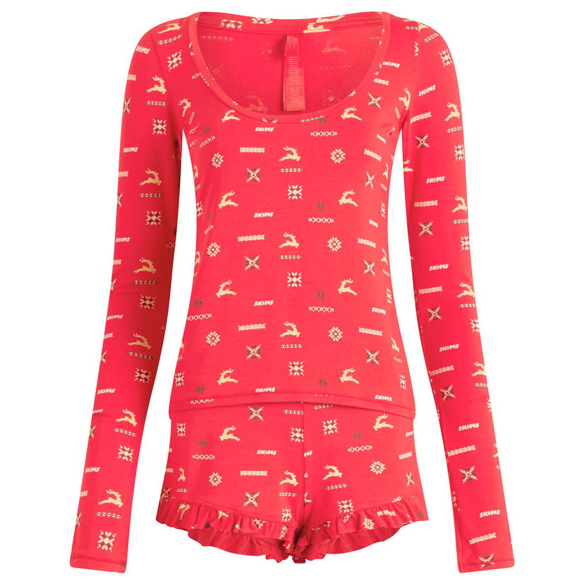 Pyjamas SKIMS Long Sleeve Scoop Neck Pajama Top and Ruffle Short Set with Vintage Deer Print Rød | ST-SST-9968W-CVD