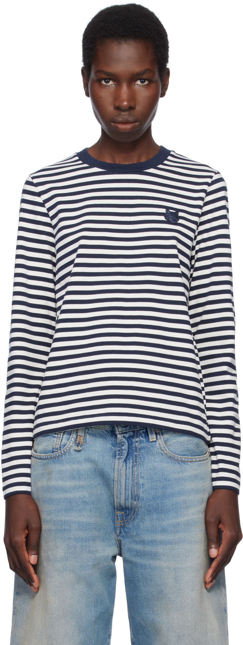 T-shirt MAISON KITSUNÉ Maison Kitsuné Fox Head Patch Striped T-Shirt Mørkeblå | OW00111KA0026