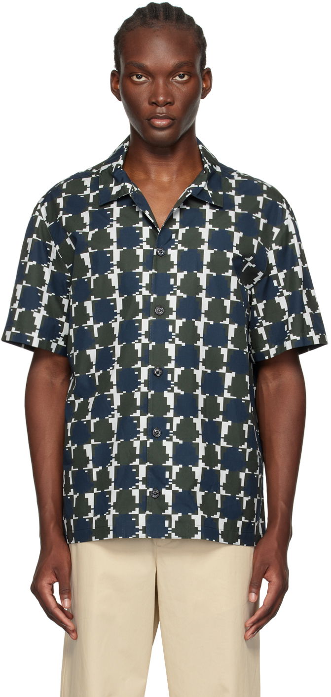 Skjorte Moncler Green & Blue Logo Print Shirt Mørkeblå | J20912F00007597YJ
