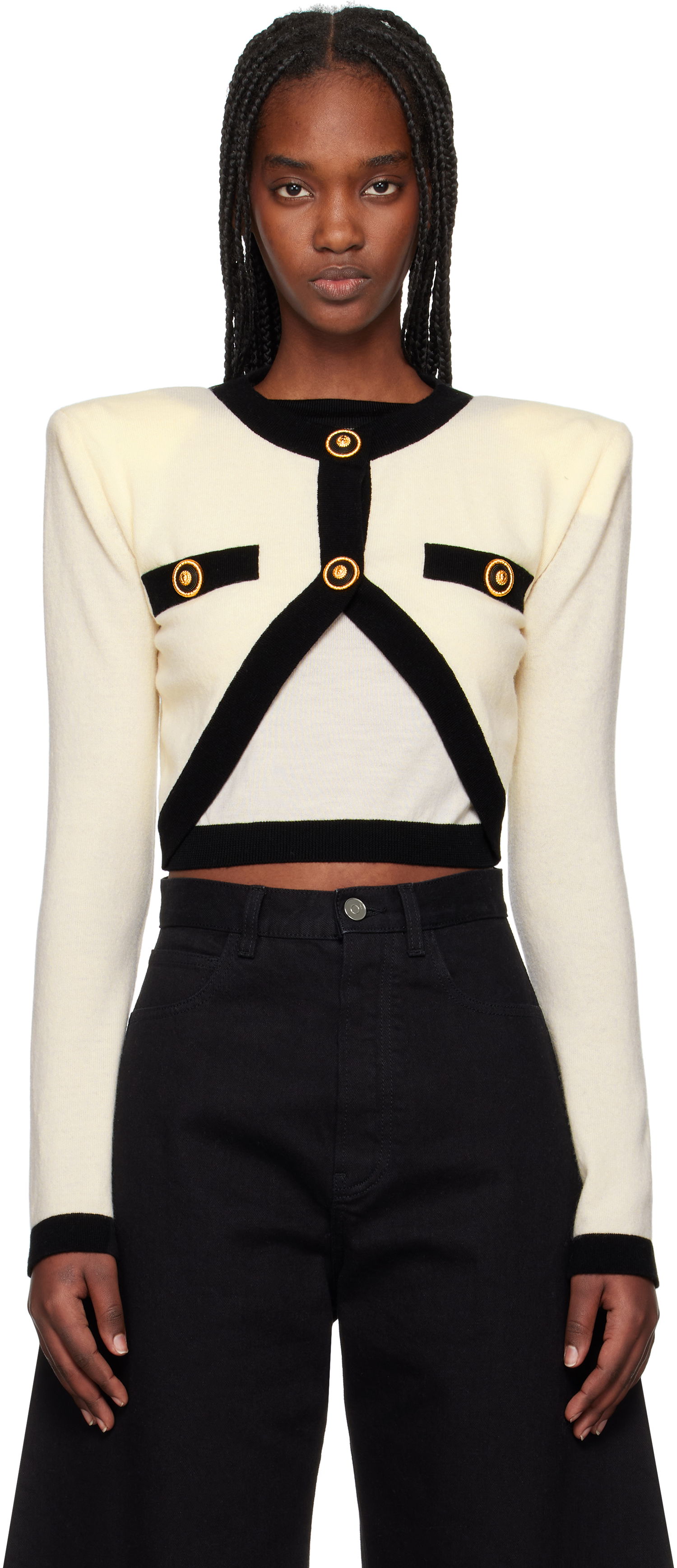Sweater Balmain Balmain Knit Faux-Cardigan Sweater Hvid | EF1KA120KH91, 0