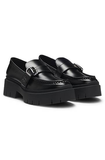 Tilbehør BOSS Leather Loafers with Buckled Strap Sort | 50548196