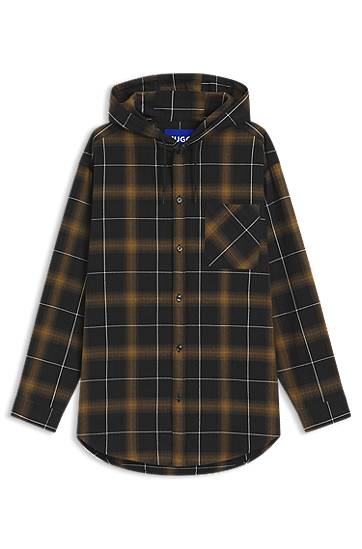 Skjorte BOSS Oversized-Fit Hooded Checked Overshirt Brun | 50545262