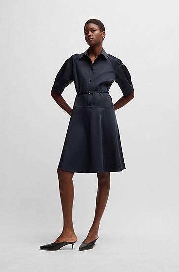 Kjole BOSS Stretch Cotton Shirt Dress with Half Placket Mørkeblå | 50537388, 1