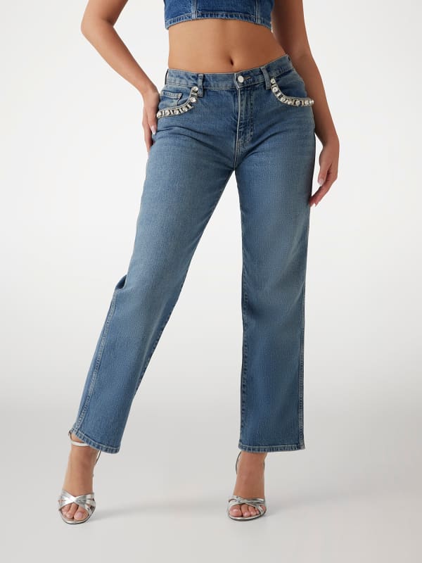 Jeans GUESS Straight Denim Pant With Rhinestone Detail Blå | W5RA1ND5ACC, 0