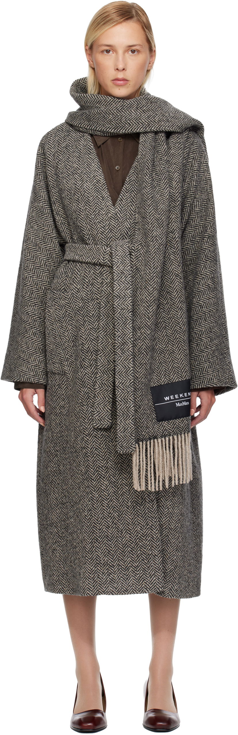 Frakker Max Mara Weekend Zenica Herringbone Belted Coat with Scarf Grå | 2525016042600