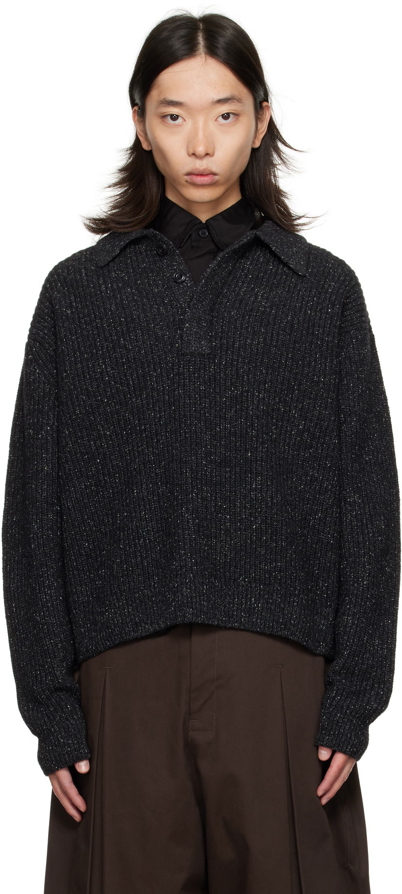 Sweater sage NATION SAGE NATION Knit Polo Sweater Sort | S098 POLO WOOL SPECKLED CHARCO