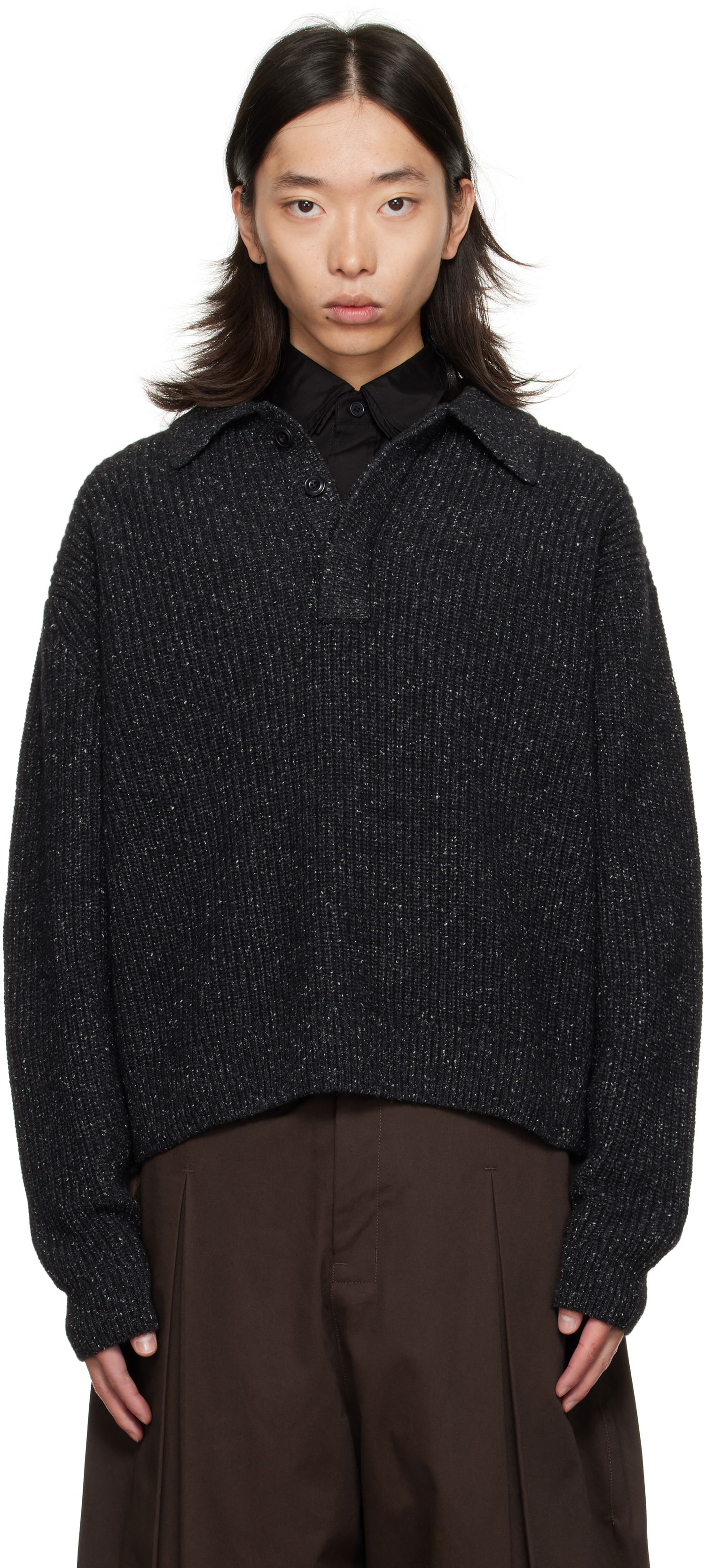 Sweater sage NATION SAGE NATION Knit Polo Sweater Sort | S098 POLO WOOL SPECKLED CHARCO, 0