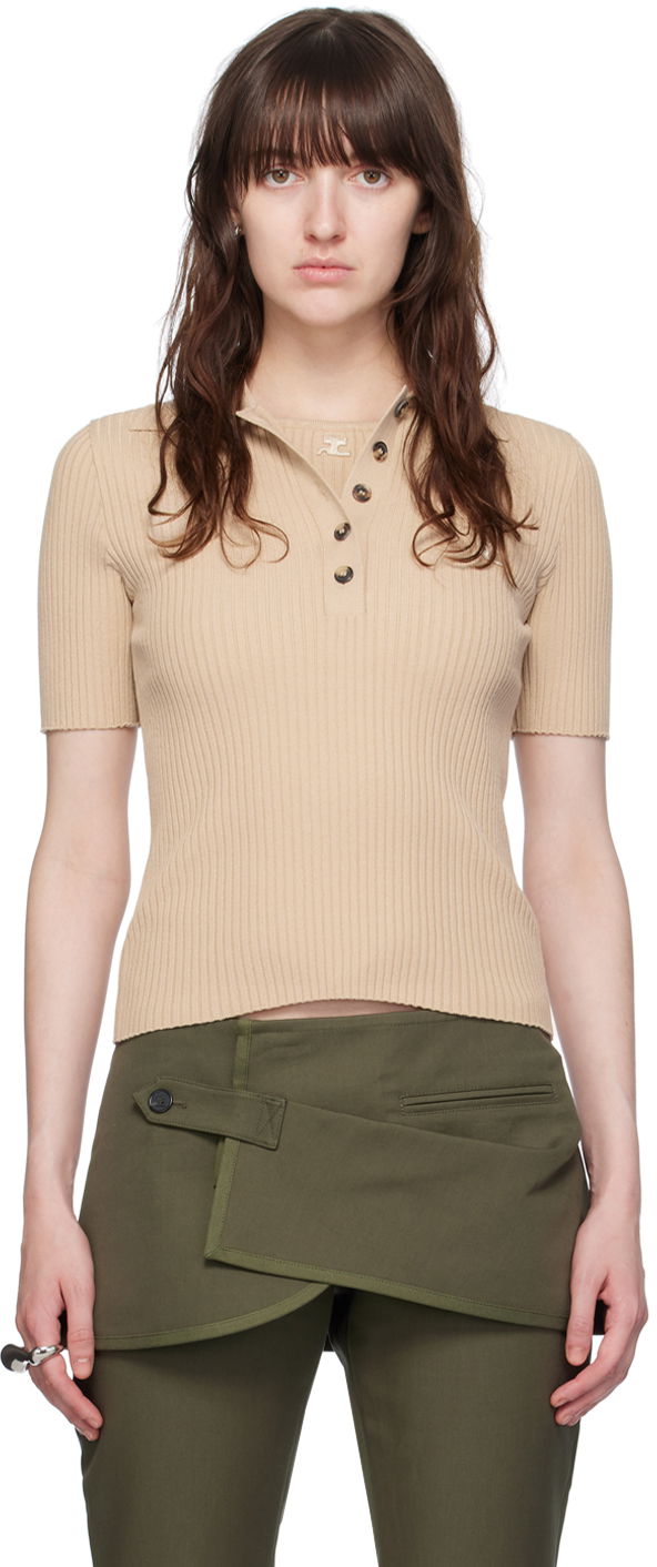 Polo skjorte Courrèges Courrèges Ribbed Knit Polo Shirt Beige | VESMPO029FI0001